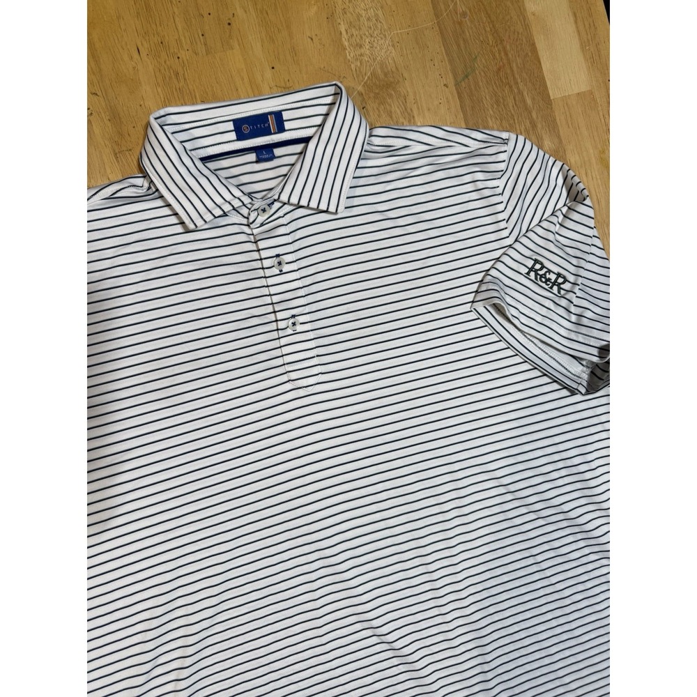 STITCH Golf Polo Shirt Men Large White Navy Stripe R&R Logo Stretch